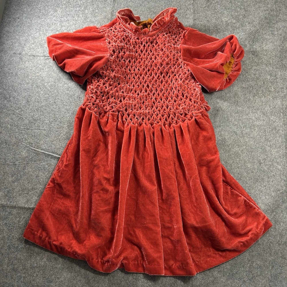 Free People Gum Drop Velvet Dress Women's Large Mini Smocked Tangerine Red Flaws